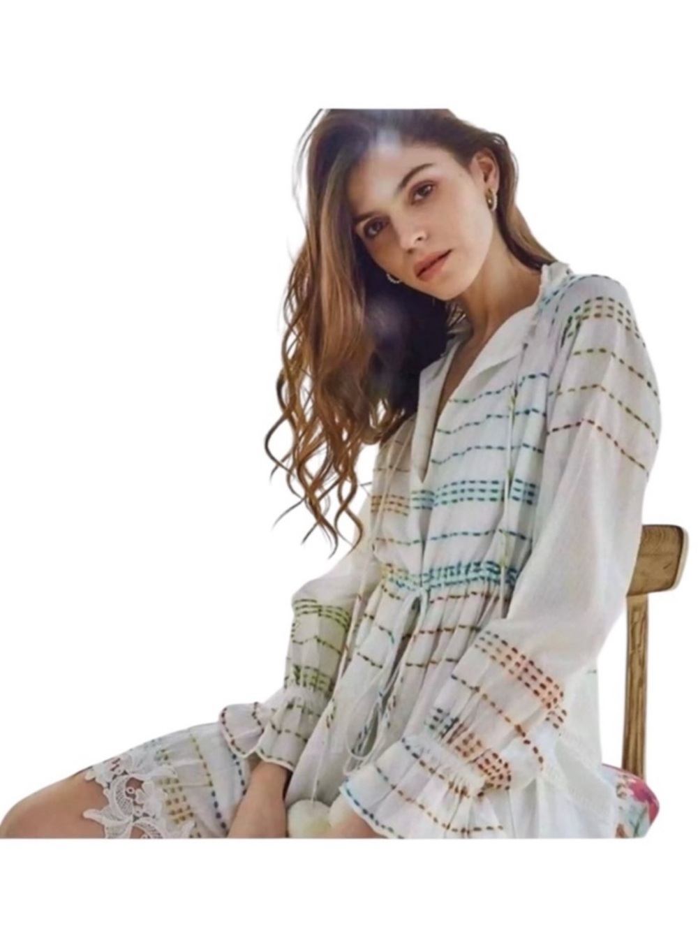 HEMANT & NANDITA White Boho Tunic Dress with Multicolor Stripes - size small